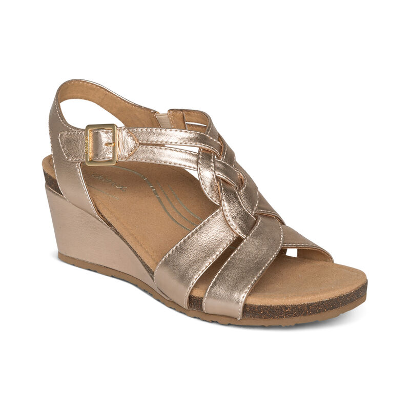 Aetrex Womens Keira Woven Quarter Strap Wedges Rose Gold - ZEGLobEWk